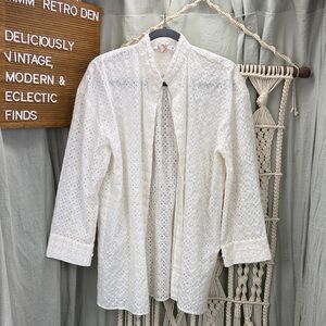 Zara White Broderie Anglaise Eyelet Button Up Long Sleeve Shirt Blouse | Small